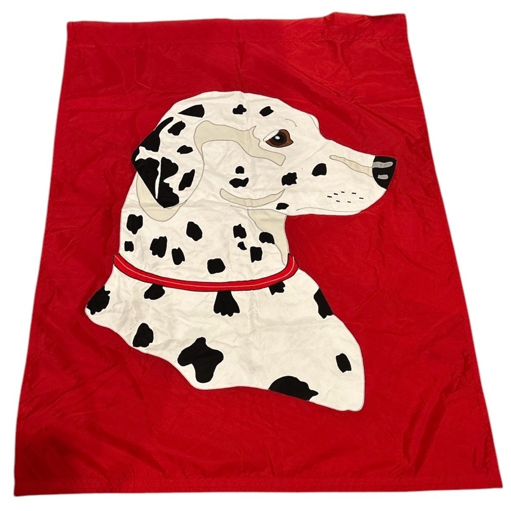 VINTAGE RED WHITE & BLACK OUTDOOR DALMATIAN DOG HOUSE FLAG 49"L X 33"W